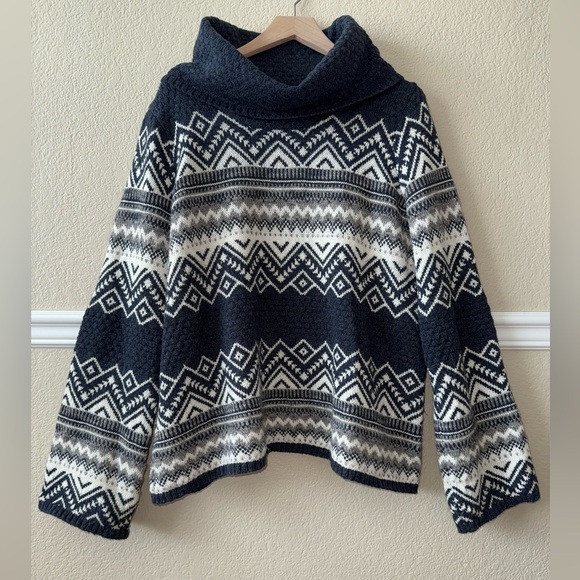 Fair Isle Wool Alpaca Mohair Blend Turtleneck Sweater Navy White Women’s Size XL - Picture 1 of 7